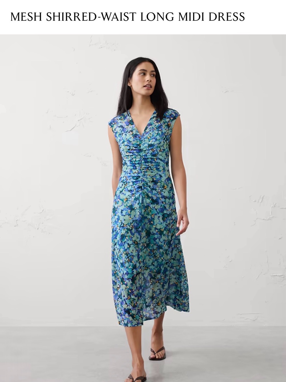 Banana Republic Factory Blue Floral Shirred-Waist Midi Dress